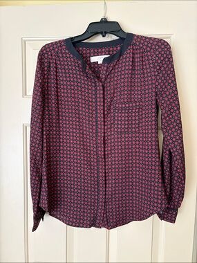 LOFT Burgundy and Black Printed Long-Sleeve Blouse